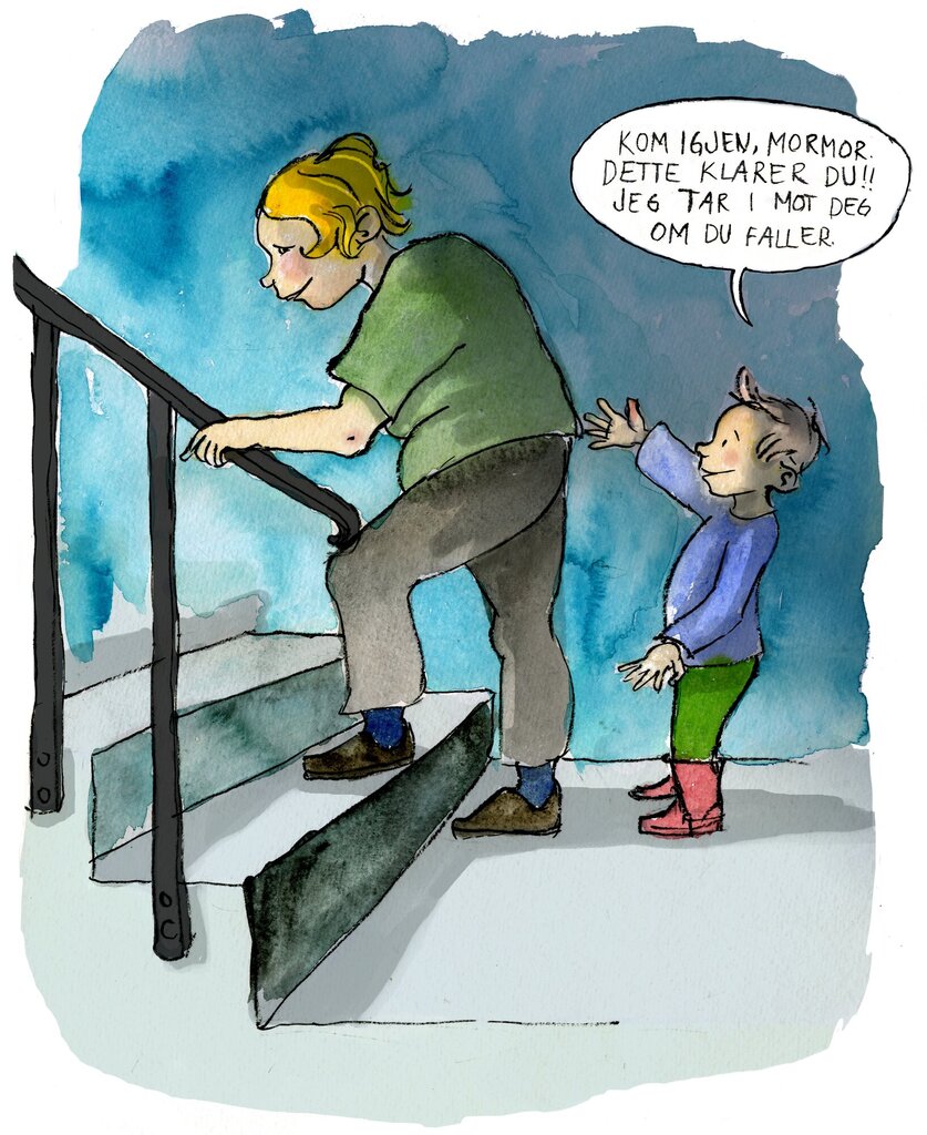 Illustrasjon av en mormor som går opp trappen mens barnebarnet, som står bak,  sier: "Kom igjen, mormor. Dette klarer du! Jeg tar imot deg om du faller."