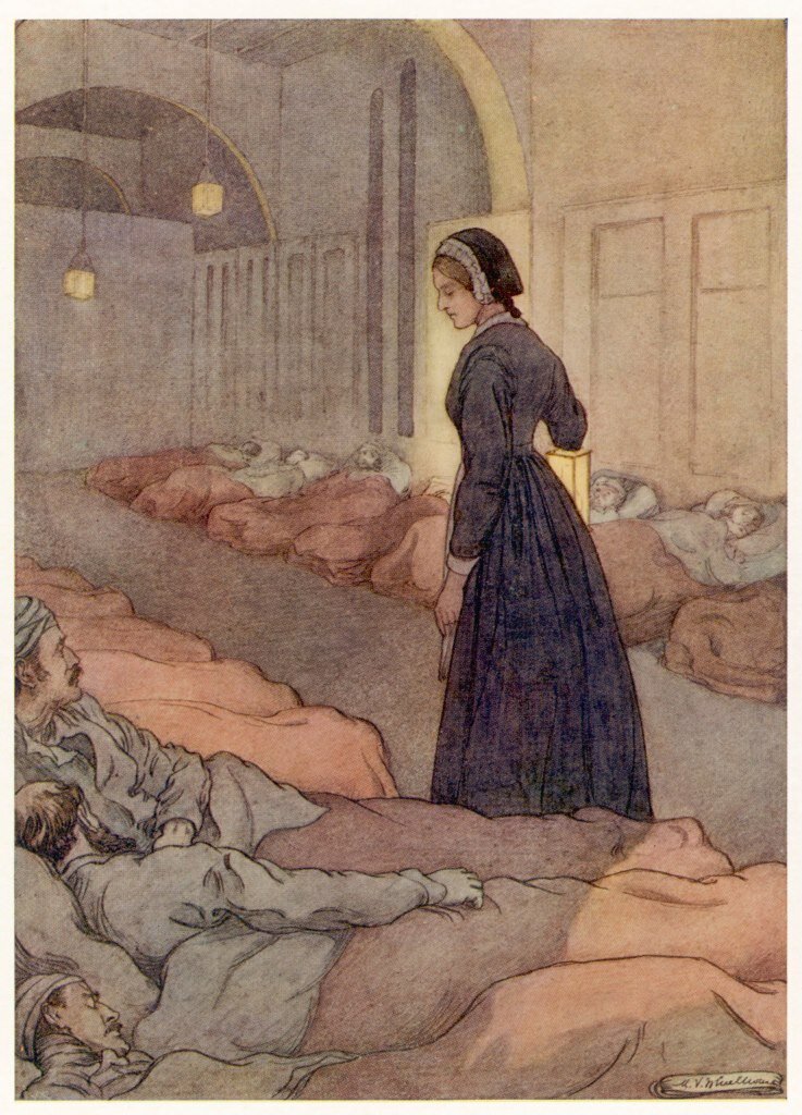 Bildet viser tegning av Florence Nigtingale blant skadete soldater, hun med lampe