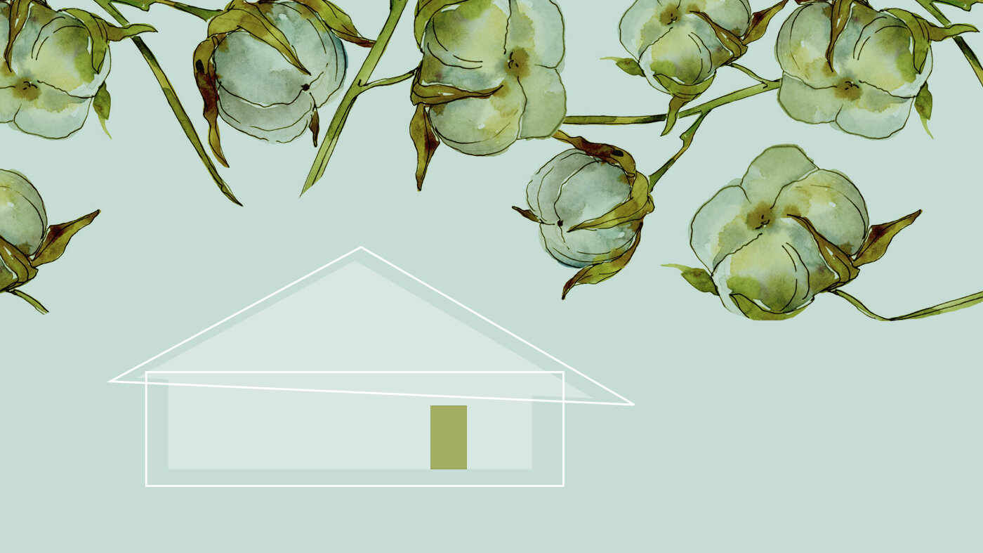 Bildet viser en grafisk montasje av et hus og blomster.