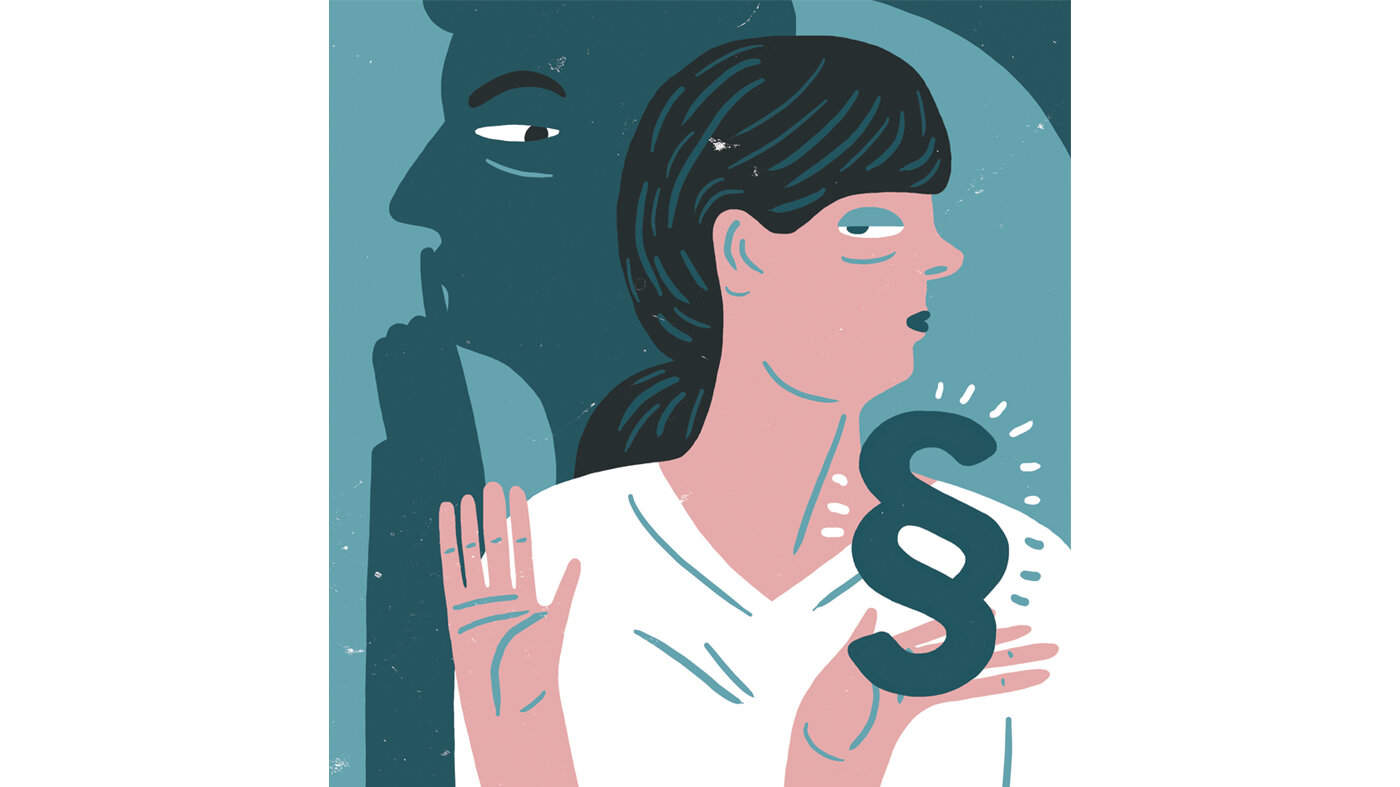 Illustrasjonen viser en sykepleier som holder en paragraf i hånden.
