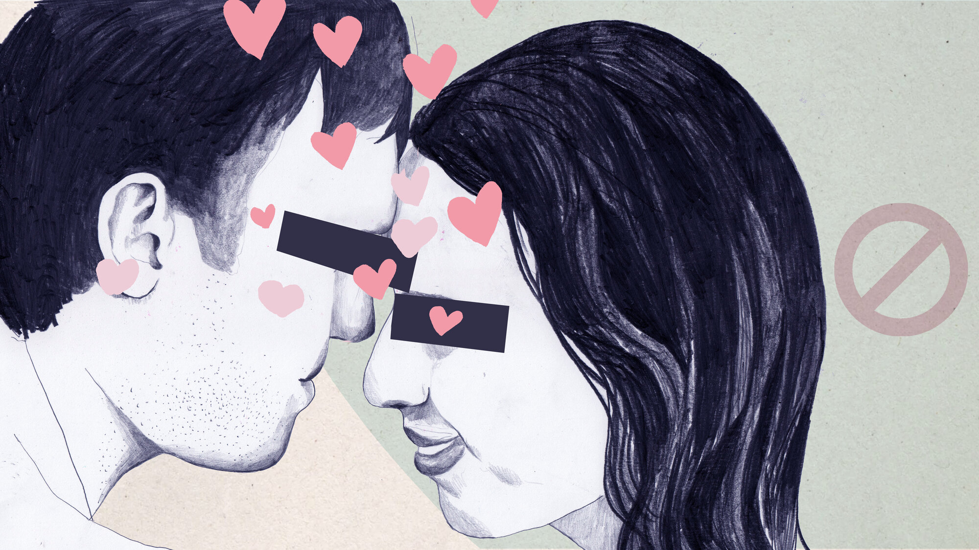 Illustrasjonen viser en mann og en kvinne som står med ansiktene mot hverandre, klare for et kyss. De har et svart felt over øynene, og det er et dryss av hjerter over illustrasjonen. Et forbundttegn synes.