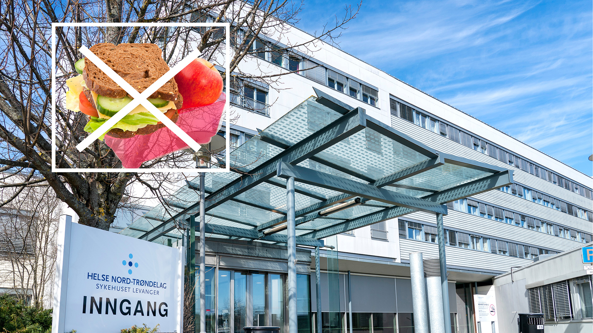 Bildet viser sykehuet i Levanger og en matpakke.