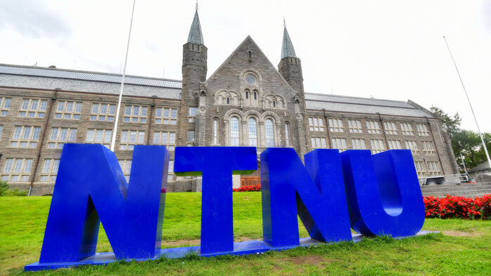 Bildeviser logoen til NTNU på gressplenen foran den gamle hovedinngangen 