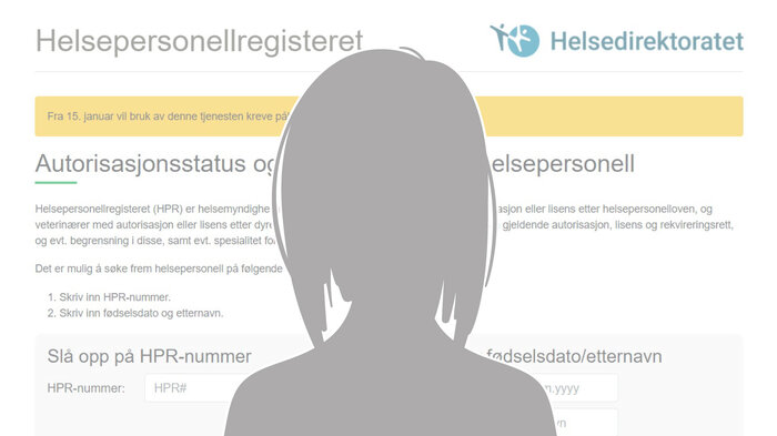 bilde av hjemmesiden til autorisasjonsmyndighetenes hjemmeside og shiluett av kvinne