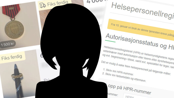 Siluett av et hode, en skjermdump av finn-annonser og helsepersonellregisteret. Bildet viser en siluett av et hode, en skjermdump av finn-annonser og helsepersonellregisteret.