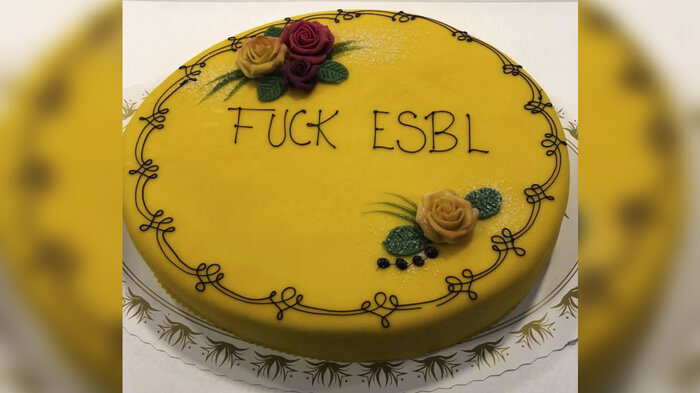 Bilde av kake, med teksten «Fuck ESBL».