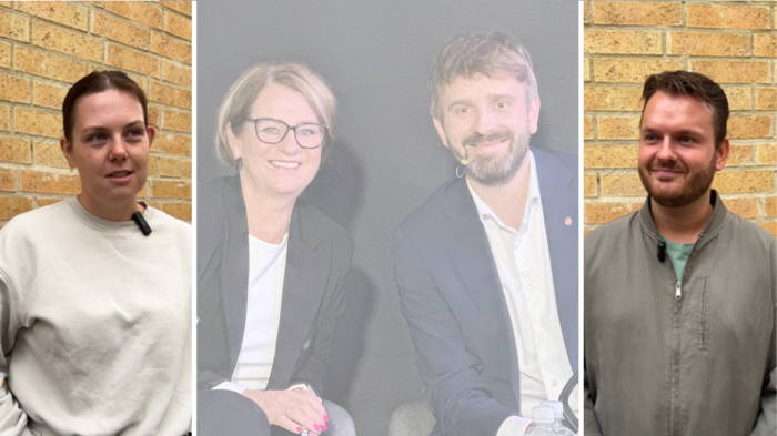 Bildet viser Høyres Tone Trøen, helseminister Jan-Christian Vestre og to sykepleierstudenter