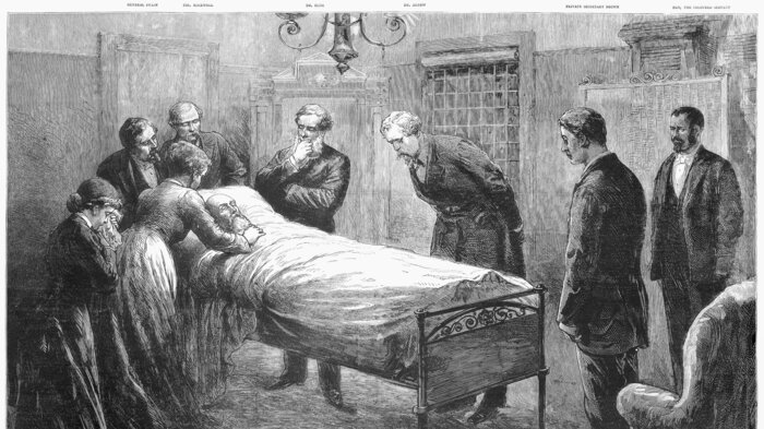 Bildet er en tegning av president James Garfield i seng med skuddskader.