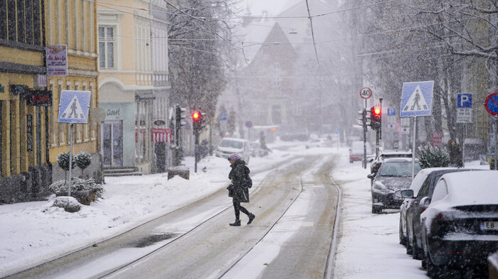 Bildet viser en kvinne som går i snøvær.
