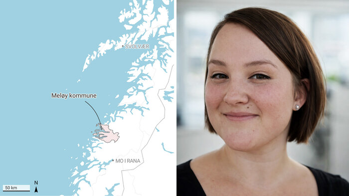Bildet viser kart over Meløy Kommune og kommunalsjef for helse Hanne Lore Rosting Sagen