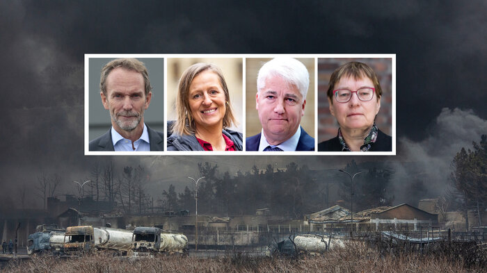 Bildet viser fire eksperter og et krigsbilde fra Iran.