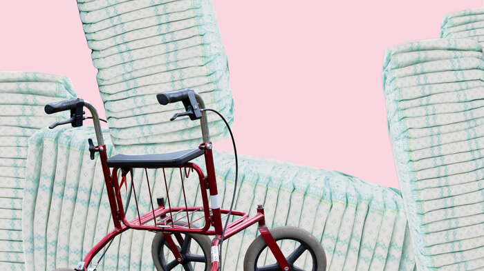 Bildet viser en illustrasjon av bleier og rullator