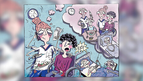 Illustrasjonen viser en sykepleier i en hektisk arbeidssituasjon som drømmer om en annerledes jobbhverdag