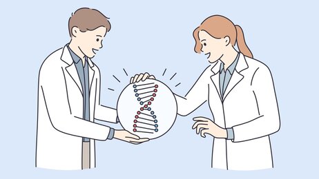 Illustrasjonen viser mann og kvinne i hvitt som ser på DNA.