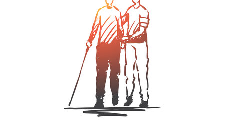 Bildet viser en tegning av en blind mann med stokk som blir veiledet av en annen mann.