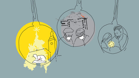 Bildet viser en tegning av tre julekuler med forskjellige episoder