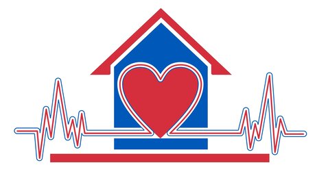 Illustrasjonen viser et hus med et hjerte foran + EKG-hjerteslag 