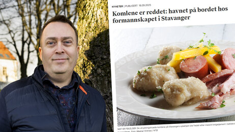 Bildet viser et portrett av innleggsforfatteren samt et bilde av en tallerken med kombler
