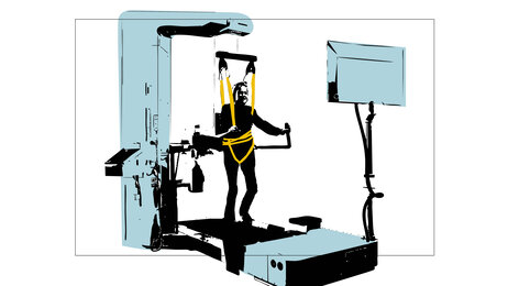Illustrasjonen viser en person som driver med robotassistert gangtrening ved hjelp av en slags tredemølle