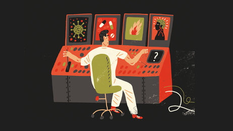 Illustrasjonen viser en sykepleier i et kontrollrom med flere skjermer.