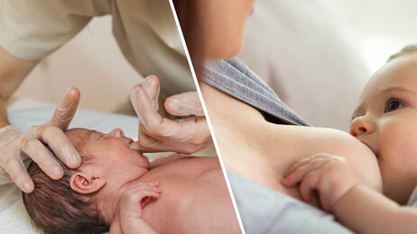 Bildet viser et spedbarn som blir ammet