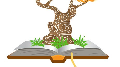 Illustrasjonen viser et tre som vokser opp av en bok, og trekronen ligner en hjerne.