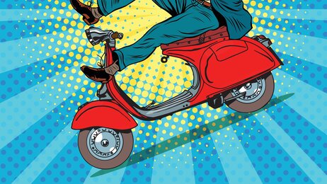 Illustrasjon av mann som kjører scooter og som er i ferd med å falle av.