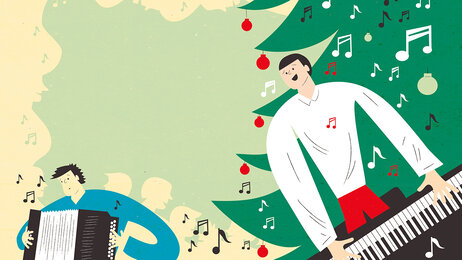 Illustrasjonen viser en som spiller piano og en som spiller trekkspill.