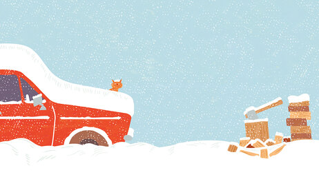 Illustrasjonen viser en katt, en Ford Escort med snø på og en vedstabbe.