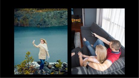 Bildet til venstre er en kvinne ute i naturen som tar en selfie; bildet til høyre er et par som ser på tv