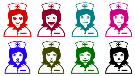 Illustrasjonen viser en rad med nesten identiske sykepleiere med forskjellige ansiktsuttrykk