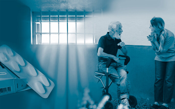 The photo montage shows some pills, a prison window and an elderly man talking to a nurse