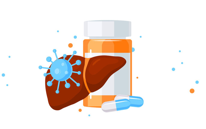 The illustration shows a liver and a glass with some pills on front of it