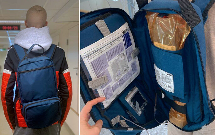 The first photo shows a young man seen from behind with a backpack on. At the second photo the backpack can be seen open, containing home-based chemotherapy equipment.