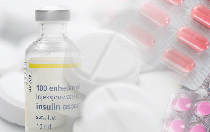 Bilde viser insulin glass og ulike piller