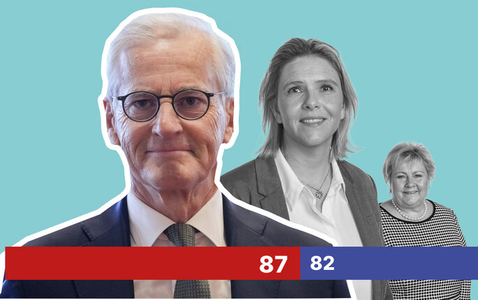 Illustrasjonen viser Jonas Gahr Støre, Sylvi Listhaug og Erna Solberg.