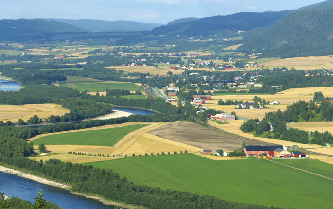 Bilde av Gauldalen med lakseelva Gaula, mot Horg og Lundamo