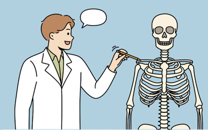 Illustrasjonen viser en helsearbeider og et skjelett.