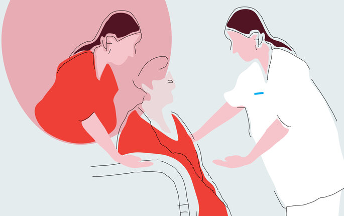 Bildet viser en illustrasjon av en sykepleier og en pårørende som gir omsorg til en pasient