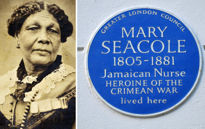 Bildet viser Mary Seacole og en plakett som hedrer henne.