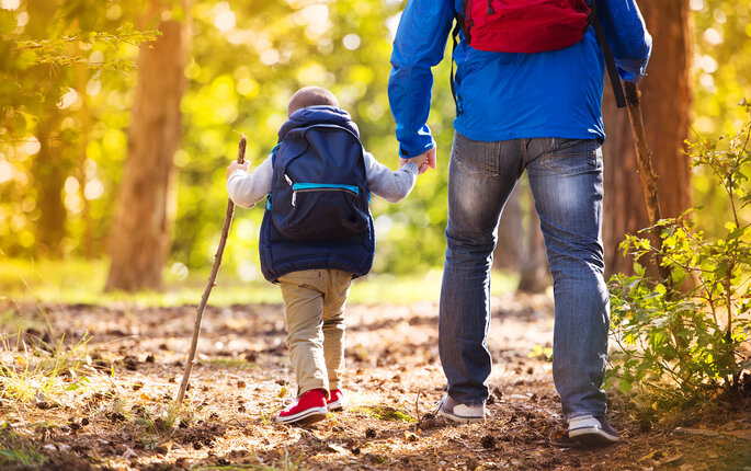 Bilde viser et barn med sin far som går tur i skogen Bilde viser et barn med sin far som går tur i skogen