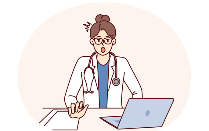 Illustrasjonen viser en helsearbeider som ser sjokkert ut.