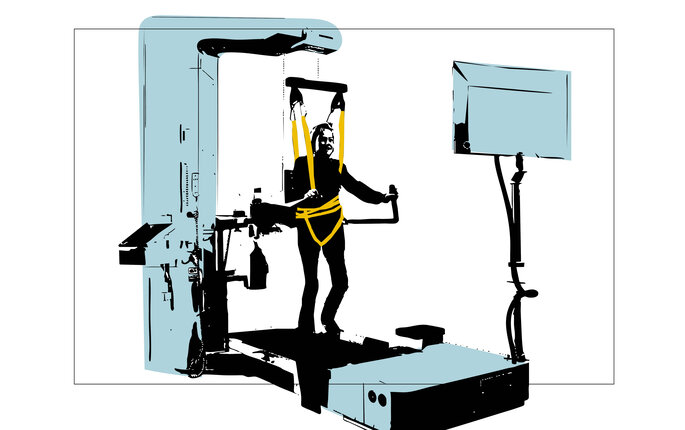 Robotassistert gangtrening Illustrasjonen viser en person som driver med robotassistert gangtrening ved hjelp av en slags tredemølle