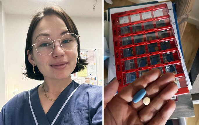 Bildet viser sykepleieren Alexandra og hiv-medisiner.