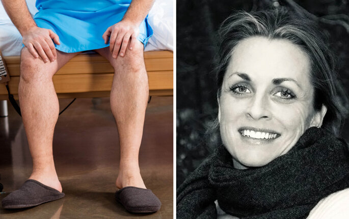 Bildet består av to bilder: ett av en mann sittende uten bukse og ett av innleggsforfatteren