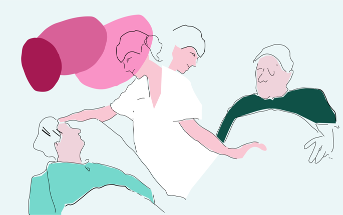 Bildet viser en illustrasjon av en sykepleier som må prioritere mellom to pasienter