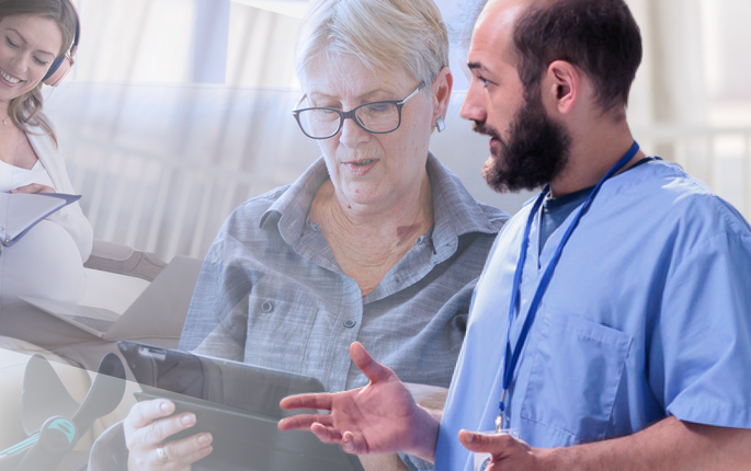 Bildet viser en montasje av sykepleiere og pasienter som leser helseinformasjon p&aring; nettet