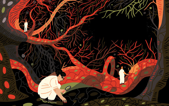 Illustrasjonen viser sykepleiere som går på jakt inni kroppen.