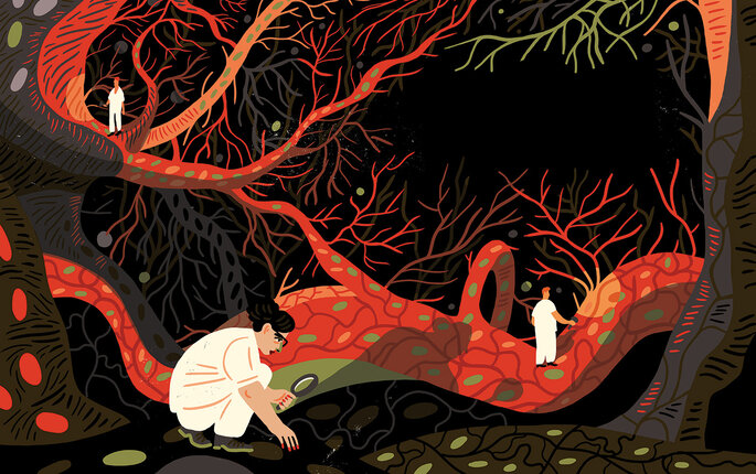 Illustrasjonen viser sykepleiere som går på jakt inni kroppen.