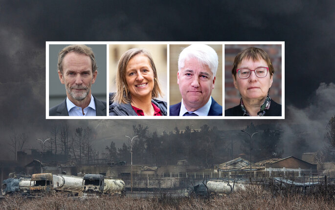 Bildet viser fire eksperter og et krigsbilde fra Iran.